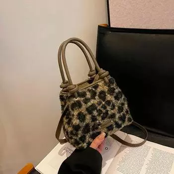 Осенне-зимняя бархатная сумка для женщин, новая нишевая сумка через плечо с леопардовым принтом, сумка-ведро на одно плечо, мода