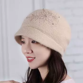 Осенне-зимняя бархатная теплая шерстяная шапка для женщин, модная вязаная шапка с цветком из кроличьей шерсти, ветрозащитная шапка для защиты ушей от ветра One size