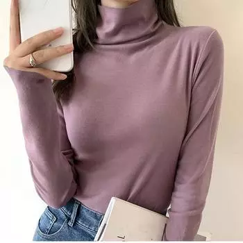 Осенне-зимняя бархатная теплая тонкая футболка для женщин, модные длинные рукава, плотные однотонные плюшевые футболки, женская элегантная футболка с полувысоким воротником 25575 S белый