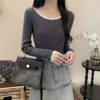 Осенне-зимняя базовая рубашка с круглым вырезом и трикотажным топом для облегающего кроя, а также свитер с длинными рукавами для девочек S чёрный