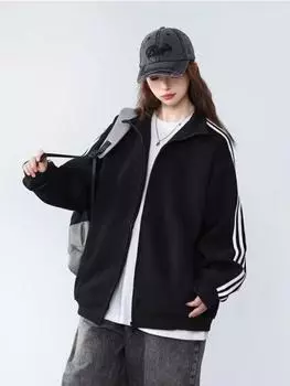 Осенне-зимняя бейсбольная толстовка с цветными блоками, длинный рукав, флисовая подкладка и утолщение, винтажная свободная куртка, топ для миниатюрных M темно-синий