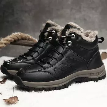 Осенне-зимняя большая мужская обувь, кожаная верхняя уличная спортивная обувь для альпинизма, плюшевые утепленные теплые зимние хлопковые ботинки 39 чёрный