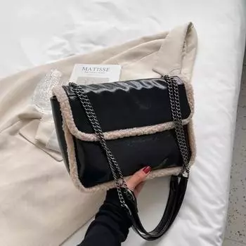 Осенне-зимняя большая вместительная плюшевая сумка-тоут женская новая модная сумка на цепочке из лакированной кожи с текстурой сращивания для поездок на работу