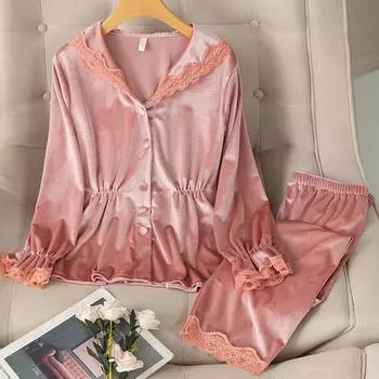 Осенне-зимняя брючная пижама, свободный домашний костюм, новый женский комплект из 2 предметов, бархатная пижама, милая розовая кружевная отделка, ночная рубашка M розовый