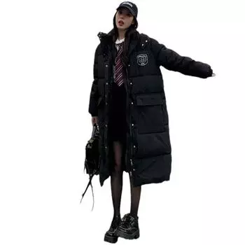 Осенне-зимняя черная длинная хлопковая куртка, куртка длиной до колена, теплая куртка в корейском стиле, повседневная хлопковая куртка XL чёрный