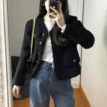 Осенне-зимняя черная куртка в стиле небольшого аромата для женщин, ранняя осень, нишевый дизайн, высококачественный короткий твидовый топ S