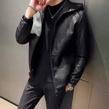 Осенне-зимняя черная плюшевая короткая кожаная куртка с капюшоном для мужской куртки Корейская молодежная повседневная и красивая мотоциклетная куртка Топ M