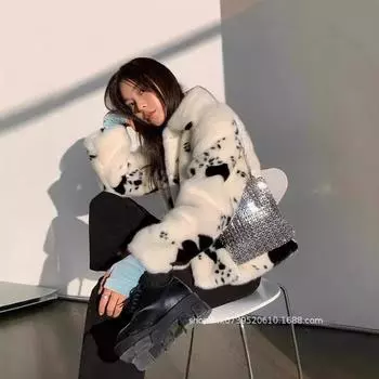 Осенне-зимняя черно-белая шуба из искусственной норки из коровы, женская свободная и тонкая, пушистая, теплая, с длинными рукавами, плюшевая шуба S 90-52.5 kg кремовый