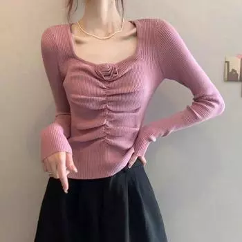 Осенне-зимняя цветочная плиссированная базовая рубашка для женщин, облегающий крой и эффектный топ с длинными рукавами S розовый