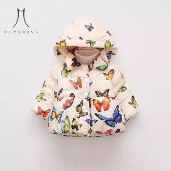 Осенне-зимняя детская одежда, куртка с хлопковой подкладкой для девочек, детское хлопковое пальто с капюшоном и принтом бабочки, модное повседневное пальто 80 розовый