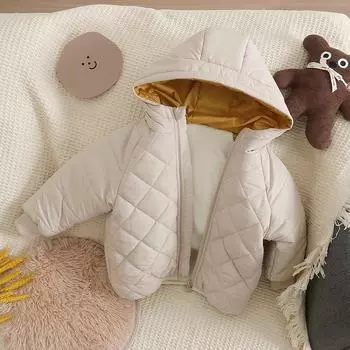 Осенне-зимняя детская одежда с хлопковой подкладкой для мальчиков и девочек, одежда с хлопковой подкладкой нейтрального бархатного цвета, теплое пальто для детей в ромбовидную клетку 18-24m жёлтый