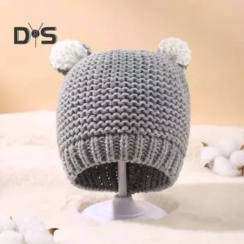 Осенне-зимняя детская шапка с рисунком медвежьих ушей, однотонная вязаная шапка-бини, ветрозащитная, теплая, эластичная, детская, большого размера чёрный