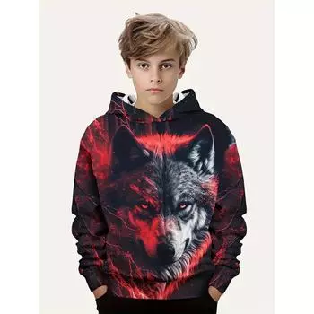 Осенне-зимняя детская толстовка с капюшоном и принтом волка с шапкой, одежда с капюшоном и рисунком животных для мальчиков и девочек, уличная одежда, повседневный стильный наряд 100CM