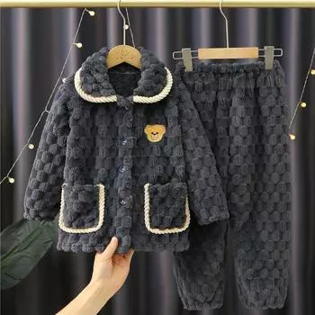 Осенне-зимняя детская утепленная фланелевая пижама для малышей, однотонная пижама с длинными рукавами для мальчиков и девочек, повседневные комплекты одежды, пижамы 170cm синий