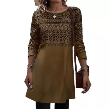 Осенне-зимняя длинная футболка с круглым вырезом и цветочным принтом для женщин S синий