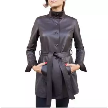 Осенне-зимняя длинная кожаная куртка, кожаная ветровка, пальто для женщин, воротник-стойка M чёрный