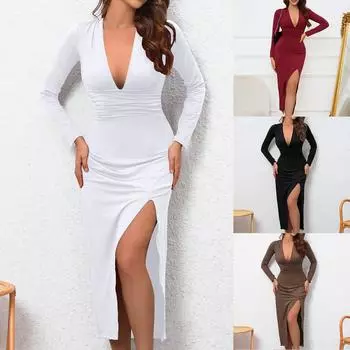 Осенне-зимняя длинная юбка, сексуальное облегающее платье с разрезом на бедрах, V-образным вырезом и длинными рукавами L чёрный