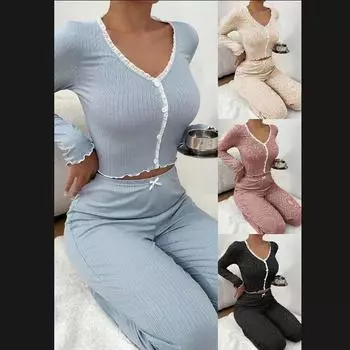 Осенне-зимняя домашняя одежда, пижамный комплект для женщин, рубашка с длинными рукавами и брюками, 2 предмета, сексуальная кружевная пижама, одежда для сна, домашняя одежда S синий