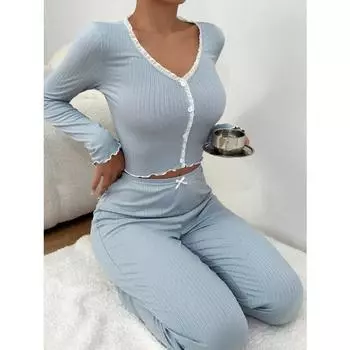 Осенне-зимняя домашняя одежда, пижамный комплект, женские рубашки с длинными рукавами и брюки, комплект из 2 предметов, сексуальная кружевная пижама, домашняя одежда S