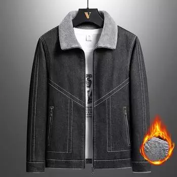 Осенне-зимняя джинсовая куртка мужская новая бархатная утолщенная корейская куртка с лацканами большого размера зимняя M