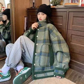 Осенне-зимняя джинсовая куртка, утолщенная женская повседневная рубашка большого размера, женские теплые топы с длинными рукавами, случайная куртка L зелёный