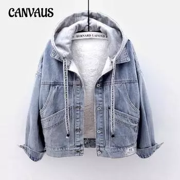 Осенне-зимняя джинсовая куртка женская большого размера с подкладкой, утолщенная, с короткими секциями, с капюшоном, теплая хлопковая куртка S синий