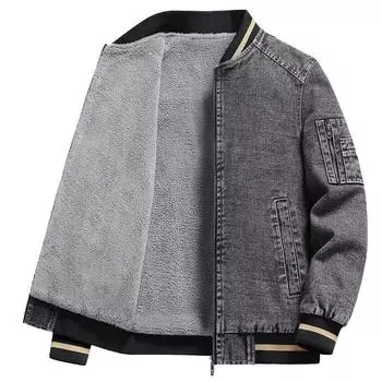 Осенне-зимняя джинсовая мужская куртка с плюшем и утолщенной корейской версией, молодежная куртка с лацканами, универсальная куртка L серый