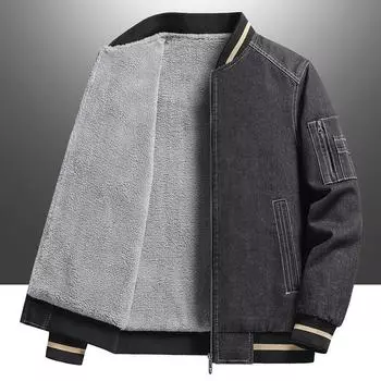Осенне-зимняя джинсовая мужская куртка с плюшем и утолщенной корейской версией, молодежная куртка с лацканами, универсальная куртка M серый