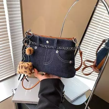 Осенне-зимняя джинсовая сумка через плечо, маленькая квадратная женская трендовая ретро-текстура, сумка-мессенджер с цепочкой Without pendant синий