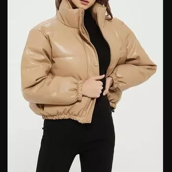 Осенне-зимняя европейская и американская кожаная куртка, женская короткая теплая хлопковая куртка с воротником-стойкой S хаки