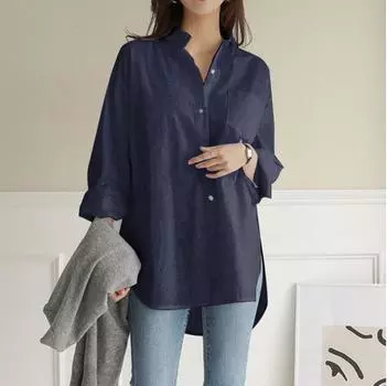 Осенне-зимняя европейская и американская однотонная рубашка с длинным рукавом и лацканами нестандартного размера для женщин L