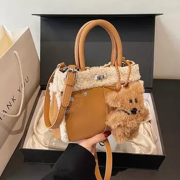 Осенне-зимняя фактура пушистая женская сумка простая повседневная универсальная большая вместимость симпатичная сумка через плечо Without pendant коричневый