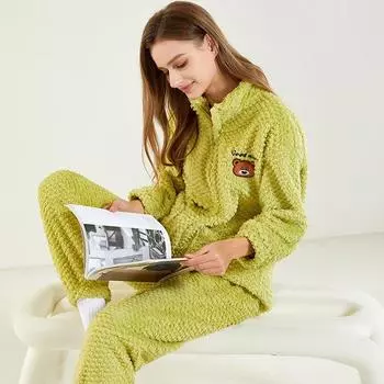 Осенне-зимняя фланелевая пижама женская флисовая утепленная с вышивкой в мультяшном стиле милая принцесса корейская домашняя одежда из двух частей пижамы M