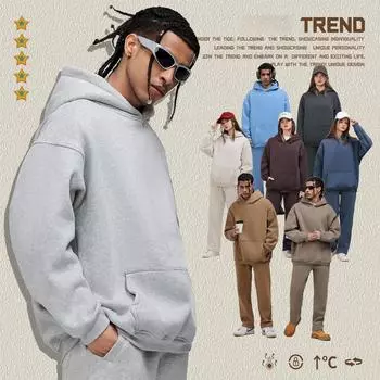 Осенне-зимняя флисовая толстовка с капюшоном для мужчин, американская модная брендовая толстовка свободного кроя, сохраняющая тепло и комфорт S средний синий