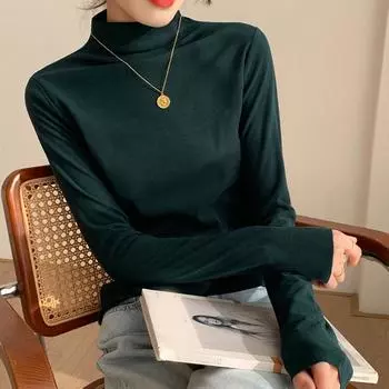 Осенне-зимняя футболка с длинным рукавом и полуводолазкой для женщин, модная теплая однотонная повседневная простая футболка, одежда 2024 года S белый