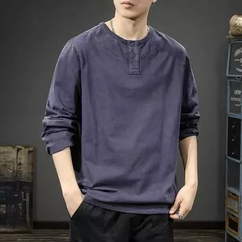 Осенне-зимняя футболка с длинными рукавами и воротником Генри, мужская свободная рубашка из чистого хлопка в стиле ретро, термосвитер S