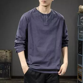 Осенне-зимняя футболка с длинными рукавами и воротником Генри, мужская свободная рубашка из чистого хлопка в стиле ретро, термосвитер S
