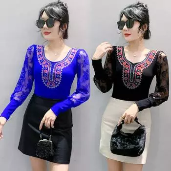 Осенне-зимняя футболка с длинными рукавами из ромбовидного кружева для женщин с облегающим кроем, уменьшающим возрастные изменения, и универсальным верхом-рубашкой M чёрный