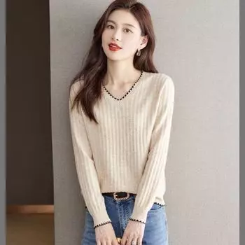 Осенне-зимняя футболка с длинными рукавами, женская базовая рубашка, свободный верх, V-образный вырез, вязаный свитер с нижним свитером S абрикосовый