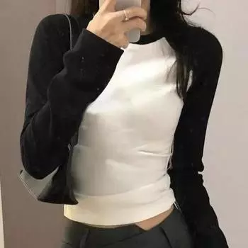 Осенне-зимняя футболка с круглым вырезом из чистого хлопка с цветными блоками и длинными рукавами для женщин, внутренняя утягивающая и утягивающая базовая рубашка с длинными рукавами S