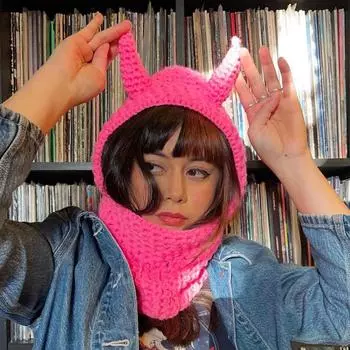 Осенне-зимняя Хэллоуинская забавная вязаная шапка с рогами розовый