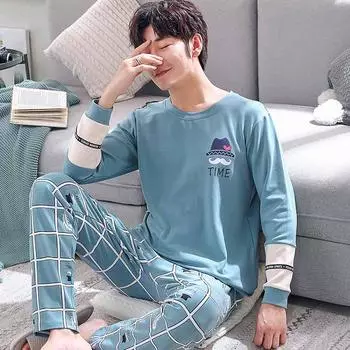 Осенне-зимняя хлопковая мужская пижама с героями мультфильмов, пижамный комплект для пар, повседневная мужская одежда для сна, ночная домашняя одежда L