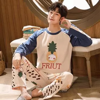 Осенне-зимняя хлопковая мужская пижама с рисунком из мультфильма, комплект пижам для пар, повседневная мужская одежда для сна, ночная домашняя одежда L