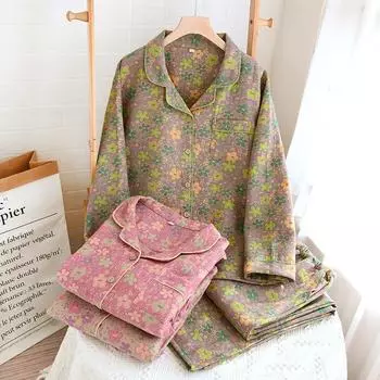 Осенне-зимняя хлопковая пижама с принтом, кардиган с длинными рукавами, комплект из 2 предметов, свободная повседневная пижама, домашняя одежда M