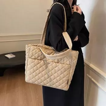 Осенне-зимняя хлопковая сумка, повседневная сумка-тоут большой вместимости, женская модная сумка через плечо из ромбовидного холста хаки