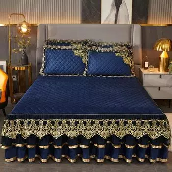 Осенне-зимняя хрустальная бархатная кружевная юбка-кровать, цельный утолщенный стеганый коралловый бархат в европейском стиле, комплект постельного белья из четырех предметов 150*200cm 3pcs