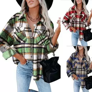 Осенне-зимняя клетчатая фланелевая рубашка женская клетчатая рубашка модная верхняя одежда повседневная бархатная куртка пальто женская толстая рубашка с длинным рукавом S оранжевый