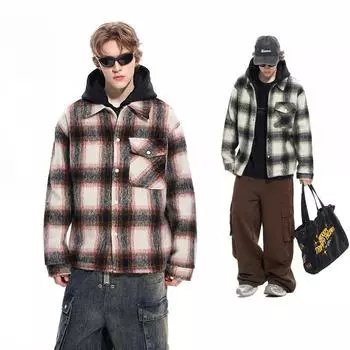 Осенне-зимняя клетчатая рубашка мужская модная свободная повседневная шляпа съемная модная куртка куртка M