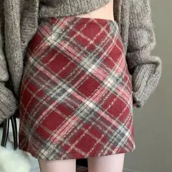 Осенне-зимняя клетчатая шерстяная юбка в стиле ретро для колледжа, утягивающая и пышная клетчатая юбка с высокой талией S
