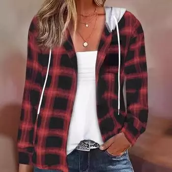 Осенне-зимняя клетчатая толстовка с капюшоном на пуговицах Повседневная рубашка с капюшоном Женская одежда S